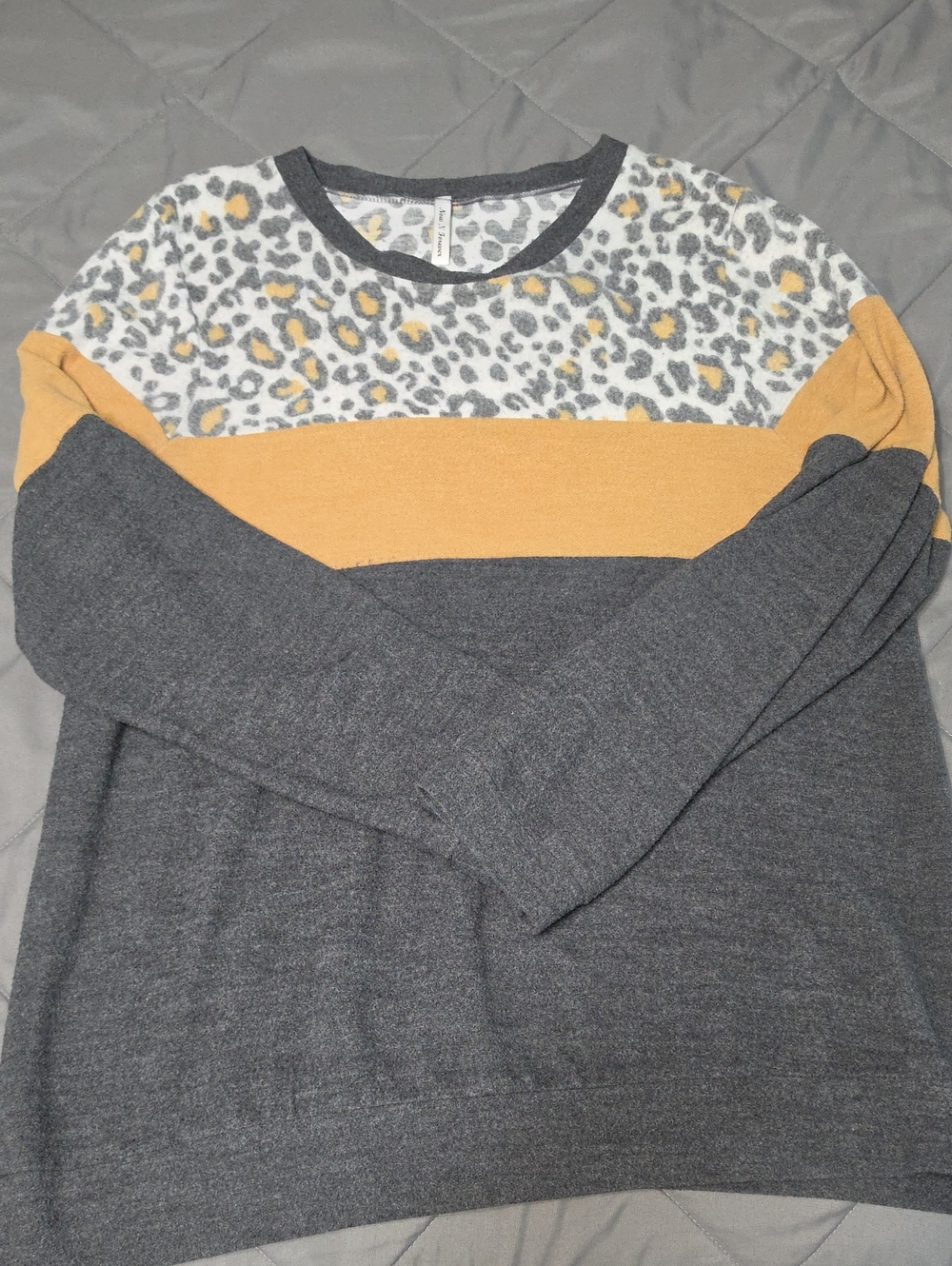 Cozy Crewneck Sweater with Leopard Yoke in Charcoal and Mustard